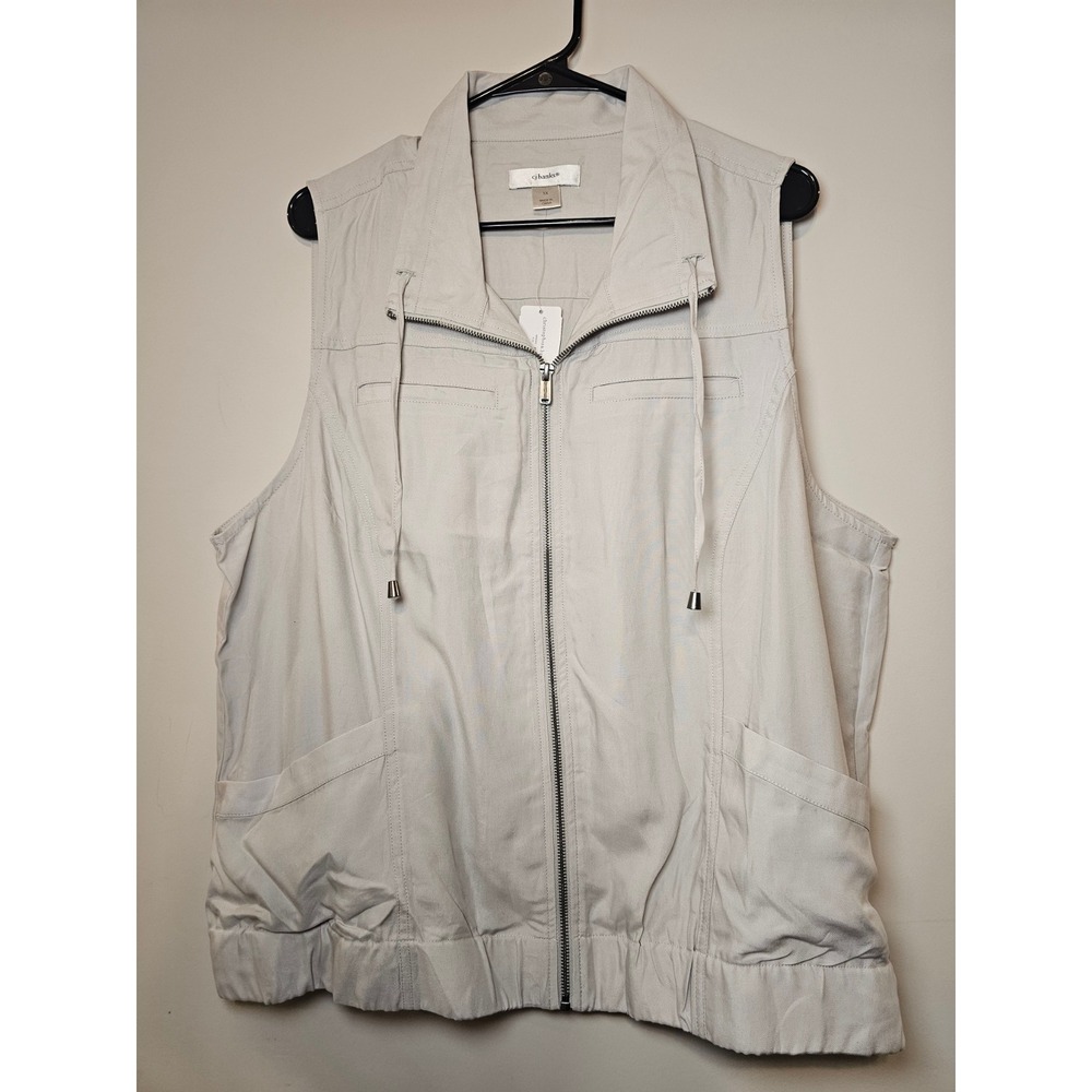 CJ Banks Womens 1X Light Gray Full Zip Utility Vest Sleeveless Jacket NWT